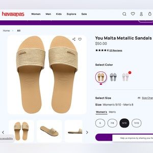 Havaianas sandals with gold strap, size 10